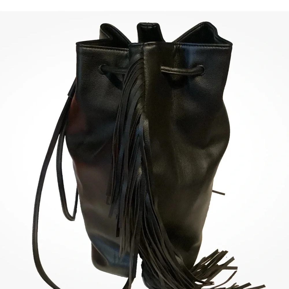 Large Victoria’s Secret Black Fringe Drawstring Backpack Vegan Leather 15” x 14”